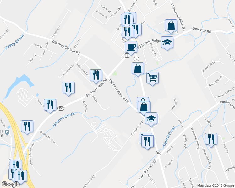 map of restaurants, bars, coffee shops, grocery stores, and more near 1738 Old Gray Station Road in Johnson City