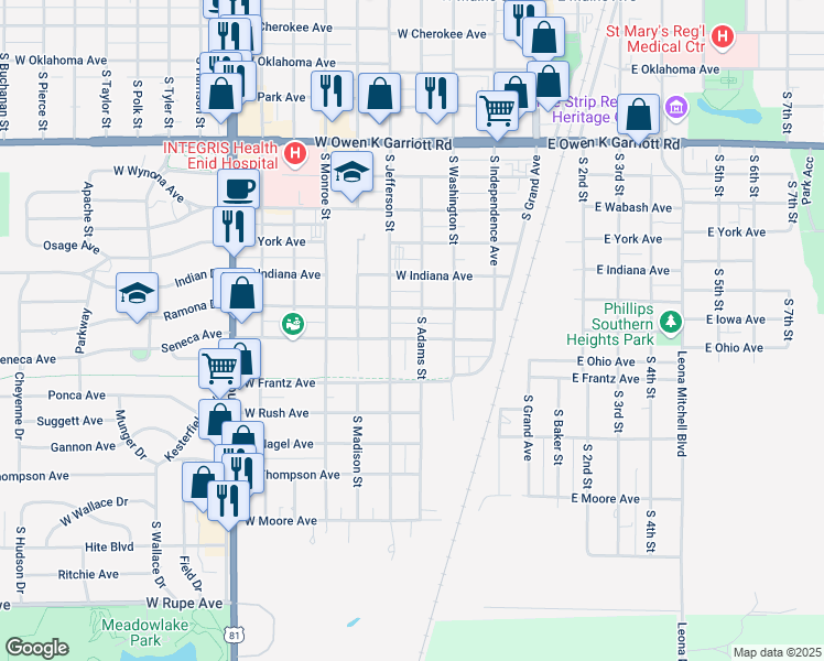 map of restaurants, bars, coffee shops, grocery stores, and more near 323 West Illinois Avenue in Enid