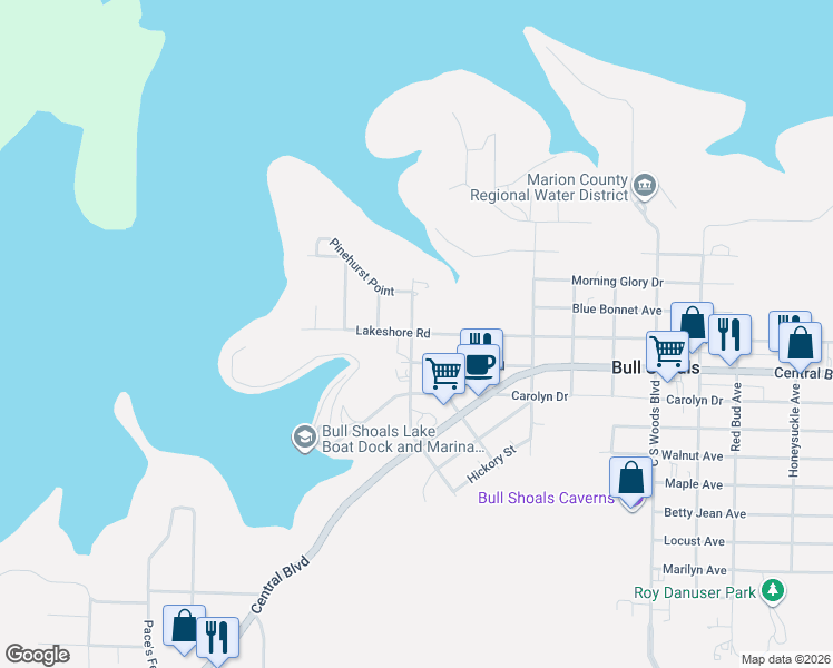 map of restaurants, bars, coffee shops, grocery stores, and more near 402 Shorecrest Drive in Bull Shoals