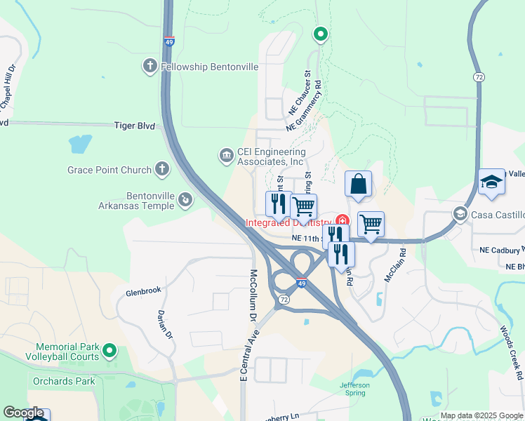map of restaurants, bars, coffee shops, grocery stores, and more near 2903 Northeast 12th Street in Bentonville