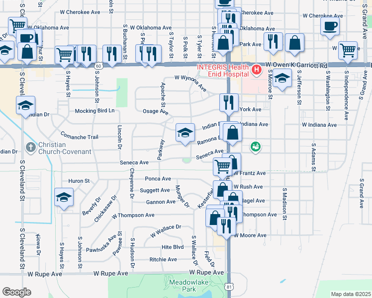 map of restaurants, bars, coffee shops, grocery stores, and more near 1002 Sequoyah Drive in Enid