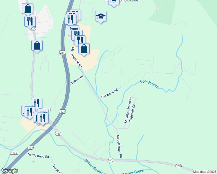 map of restaurants, bars, coffee shops, grocery stores, and more near 161 Hickory Forest Drive in West Jefferson