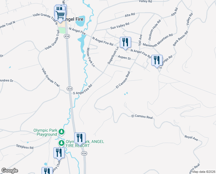 map of restaurants, bars, coffee shops, grocery stores, and more near 28 Snowmass Road in Angel Fire