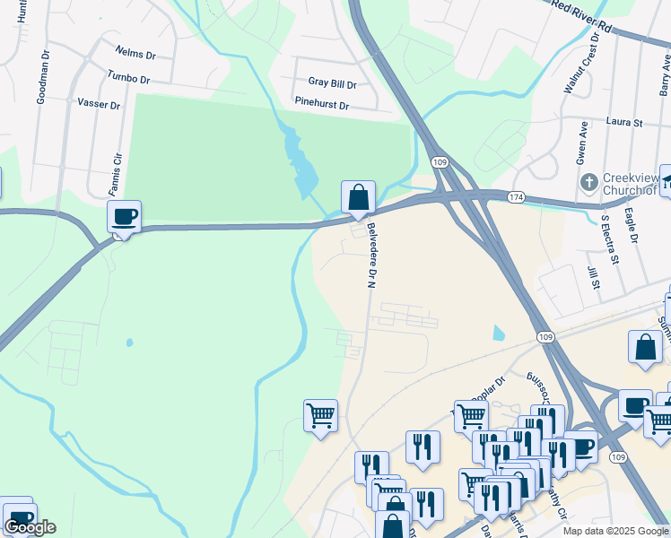 map of restaurants, bars, coffee shops, grocery stores, and more near 805 Teal Drive in Gallatin
