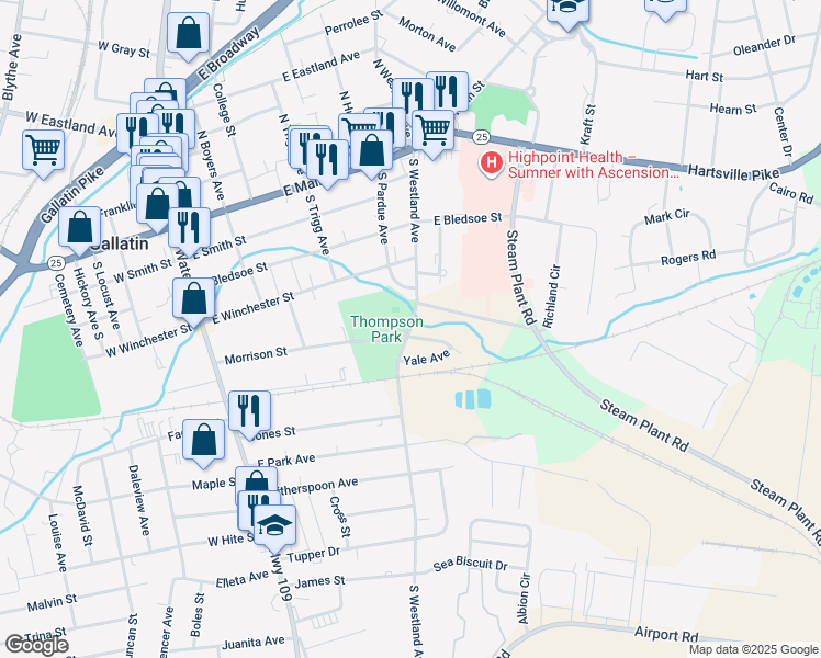 map of restaurants, bars, coffee shops, grocery stores, and more near 564-584 South Westland Avenue in Gallatin