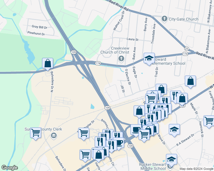 map of restaurants, bars, coffee shops, grocery stores, and more near 199 Albright Farms Drive in Gallatin