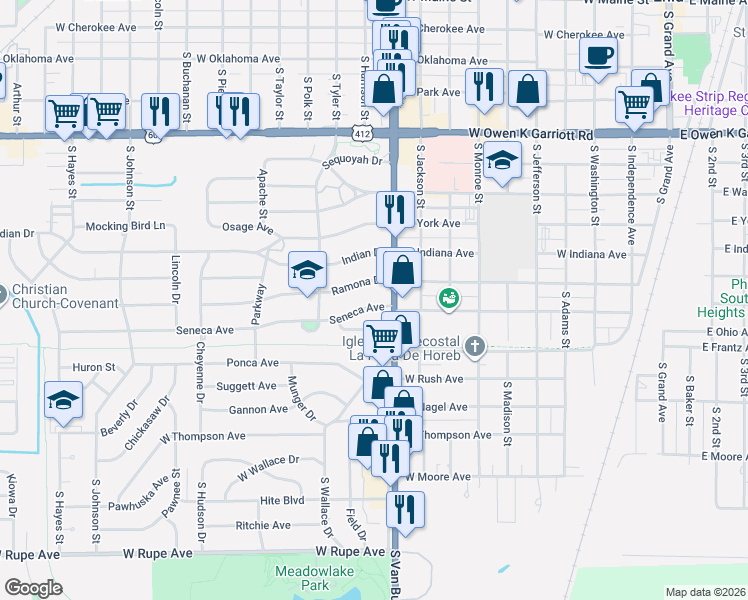map of restaurants, bars, coffee shops, grocery stores, and more near 1109 Ramona Drive in Enid