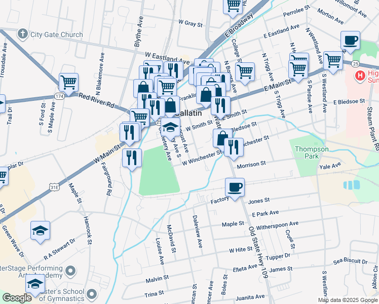map of restaurants, bars, coffee shops, grocery stores, and more near 313 South Locust Avenue in Gallatin