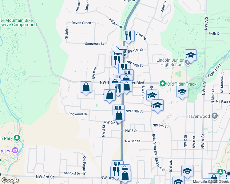 map of restaurants, bars, coffee shops, grocery stores, and more near 900-998 Penn Street in Bentonville