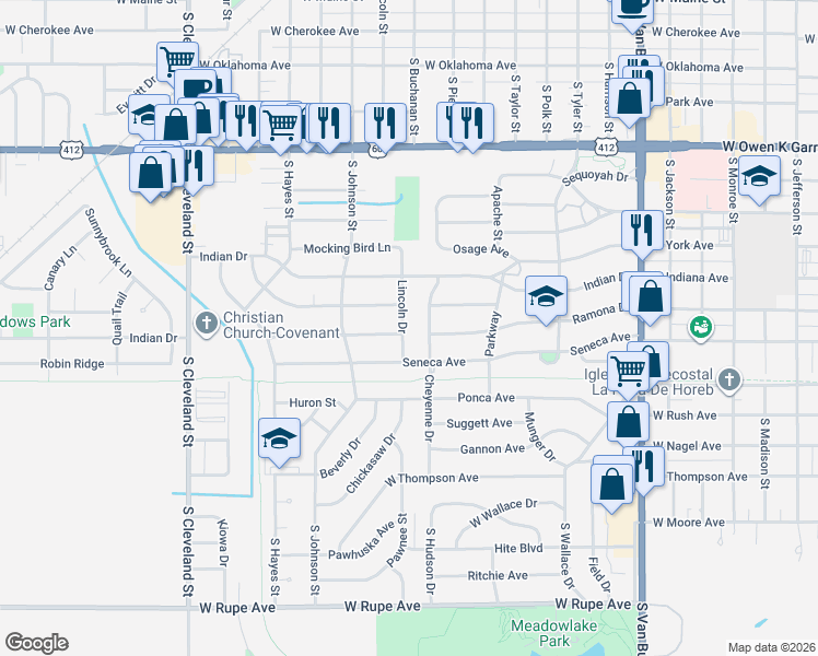 map of restaurants, bars, coffee shops, grocery stores, and more near 1106 Cheyenne Avenue in Enid
