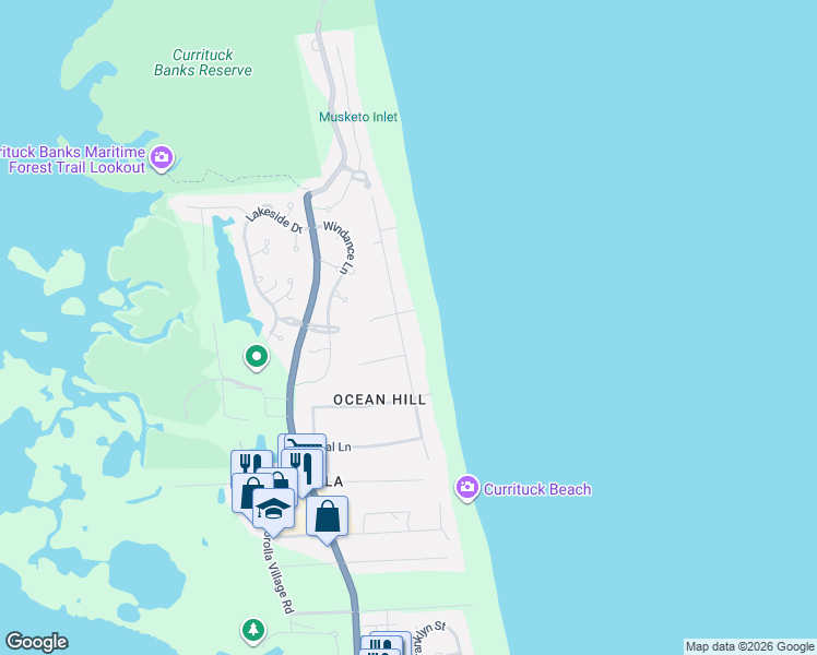 map of restaurants, bars, coffee shops, grocery stores, and more near 1233 Atlantic Avenue in Corolla