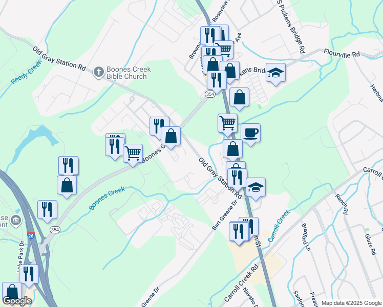 map of restaurants, bars, coffee shops, grocery stores, and more near 1736 Old Gray Station Road in Johnson City