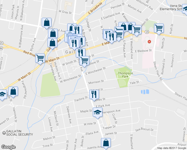 map of restaurants, bars, coffee shops, grocery stores, and more near 147 East Winchester Street in Gallatin
