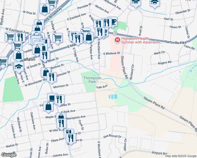 map of restaurants, bars, coffee shops, grocery stores, and more near 564-584 South Westland Avenue in Gallatin