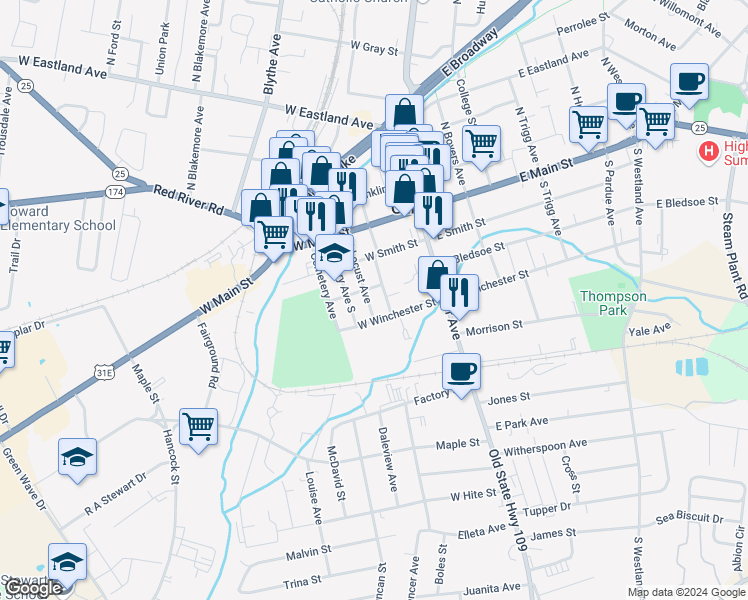 map of restaurants, bars, coffee shops, grocery stores, and more near 310 South Foster Avenue in Gallatin