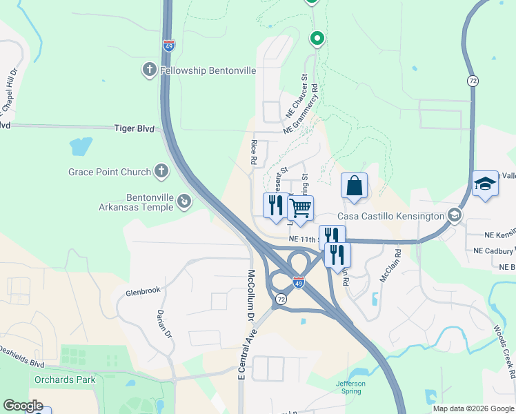map of restaurants, bars, coffee shops, grocery stores, and more near 1204 Rice Road in Bentonville