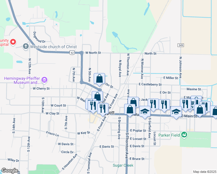 map of restaurants, bars, coffee shops, grocery stores, and more near 236-266 West Orr Street in Piggott