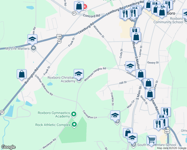 map of restaurants, bars, coffee shops, grocery stores, and more near 319 State Road 1152 in Roxboro