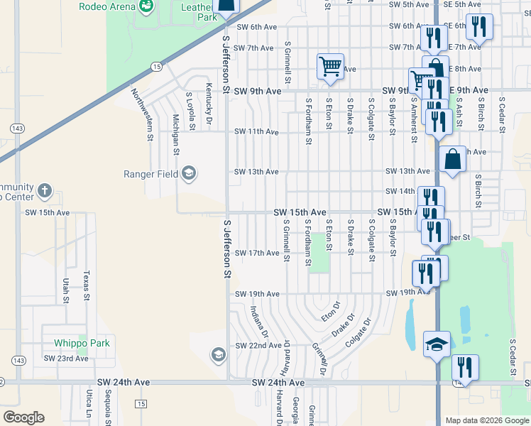 map of restaurants, bars, coffee shops, grocery stores, and more near 1500 South Harvard Street in Perryton
