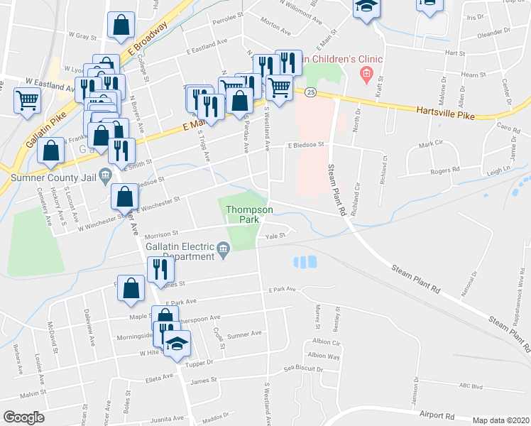 map of restaurants, bars, coffee shops, grocery stores, and more near 584 South Westland Avenue in Gallatin