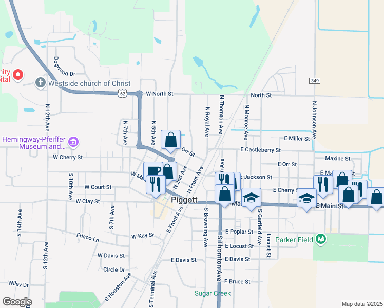 map of restaurants, bars, coffee shops, grocery stores, and more near 236 West Orr Street in Piggott
