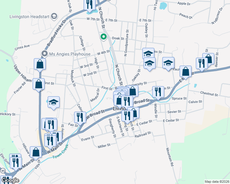 map of restaurants, bars, coffee shops, grocery stores, and more near 306 North Spring Street in Livingston