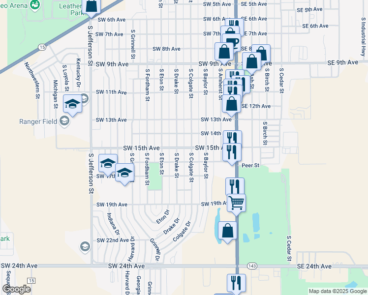 map of restaurants, bars, coffee shops, grocery stores, and more near 348 Southwest 15th Avenue in Perryton