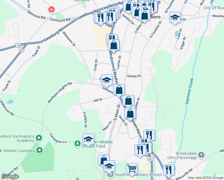 map of restaurants, bars, coffee shops, grocery stores, and more near 106 Johnson Street in Roxboro