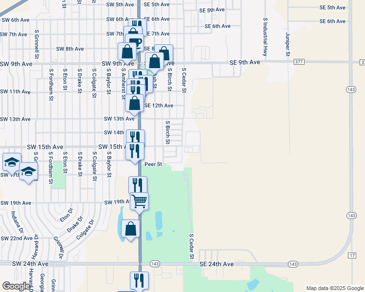 map of restaurants, bars, coffee shops, grocery stores, and more near 331 Southeast 15th Avenue in Perryton