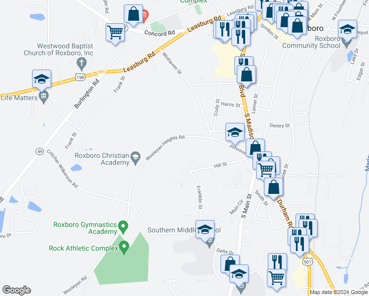 map of restaurants, bars, coffee shops, grocery stores, and more near 237 Wesleyan Heights Road in Roxboro