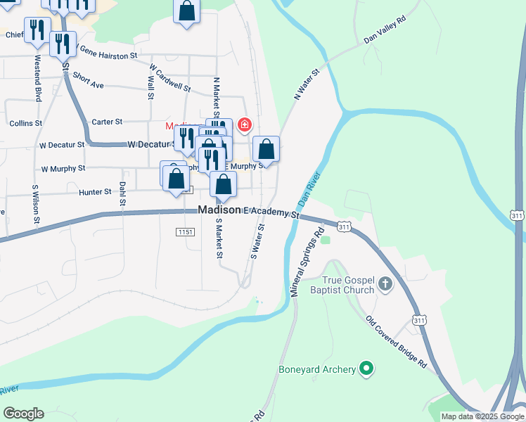 map of restaurants, bars, coffee shops, grocery stores, and more near 624 Highway 704 in Madison