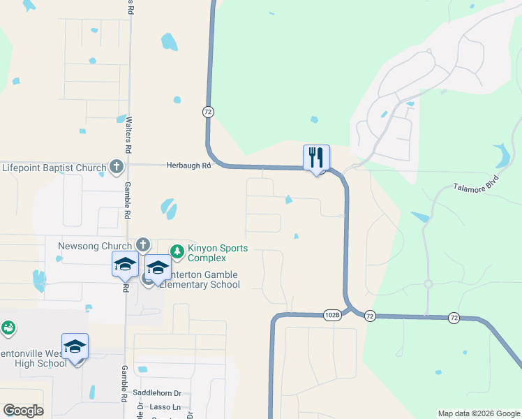 map of restaurants, bars, coffee shops, grocery stores, and more near 130 Bequette Lane in Centerton