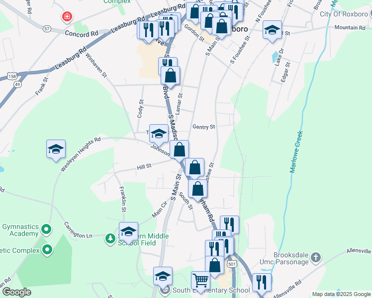 map of restaurants, bars, coffee shops, grocery stores, and more near South Main Street in Roxboro