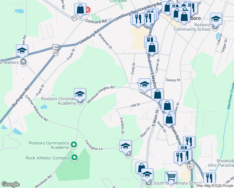 map of restaurants, bars, coffee shops, grocery stores, and more near 229 State Road 1152 in Roxboro