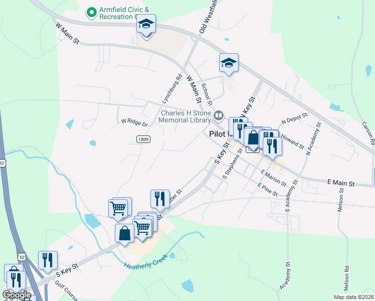 map of restaurants, bars, coffee shops, grocery stores, and more near 226 South Boyles Street in Pilot Mountain