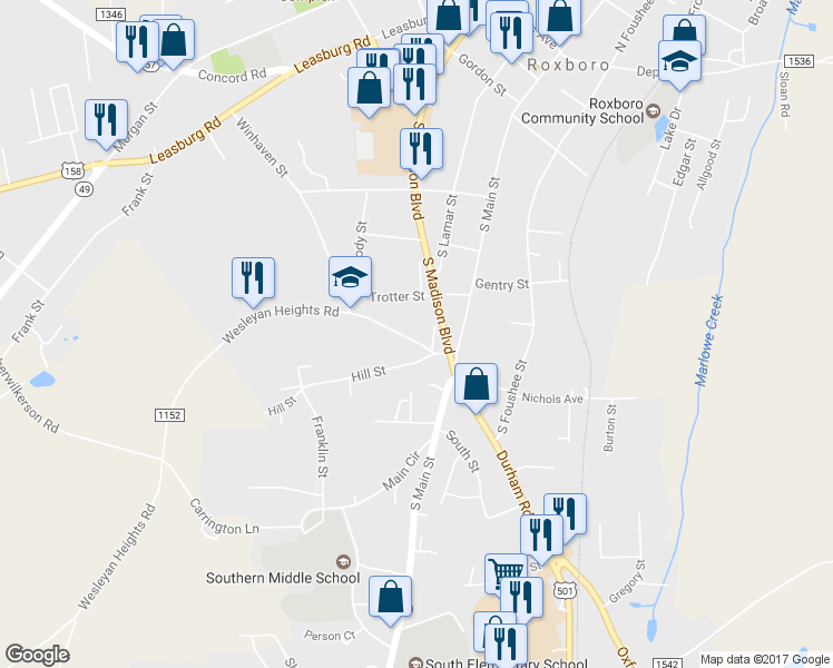 map of restaurants, bars, coffee shops, grocery stores, and more near 110 Johnson Street in Roxboro