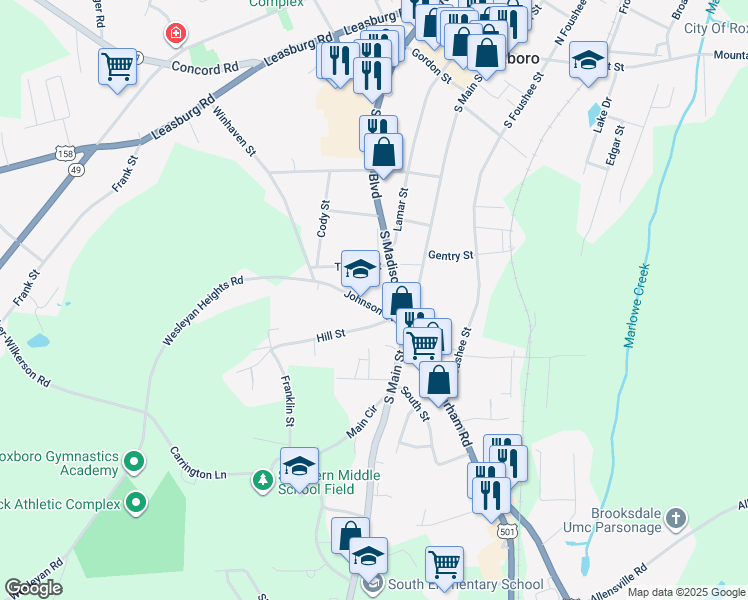 map of restaurants, bars, coffee shops, grocery stores, and more near 110 Johnson Street in Roxboro
