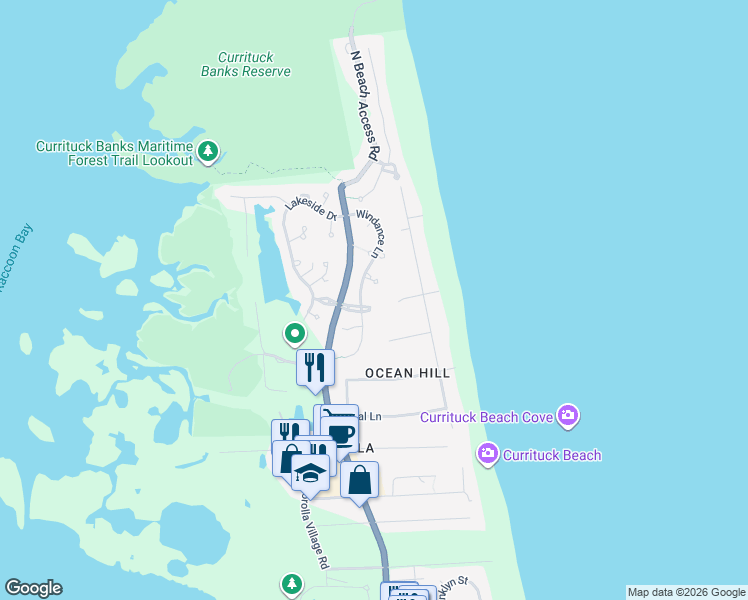 map of restaurants, bars, coffee shops, grocery stores, and more near 1233 Ocean Hill Court in Corolla