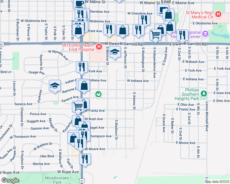 map of restaurants, bars, coffee shops, grocery stores, and more near 601 West Illinois Avenue in Enid