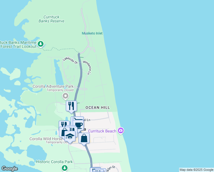 map of restaurants, bars, coffee shops, grocery stores, and more near 1233 Atlantic Avenue in Corolla