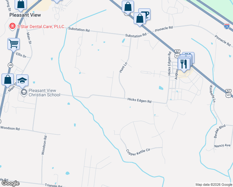 map of restaurants, bars, coffee shops, grocery stores, and more near 899 Hicks Edgen Road in Pleasant View