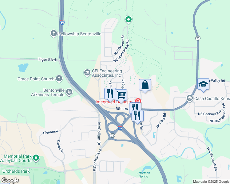 map of restaurants, bars, coffee shops, grocery stores, and more near 1207 Lo Mar Street in Bentonville