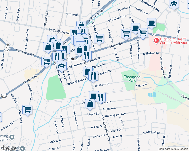map of restaurants, bars, coffee shops, grocery stores, and more near 331 South Water Avenue in Gallatin