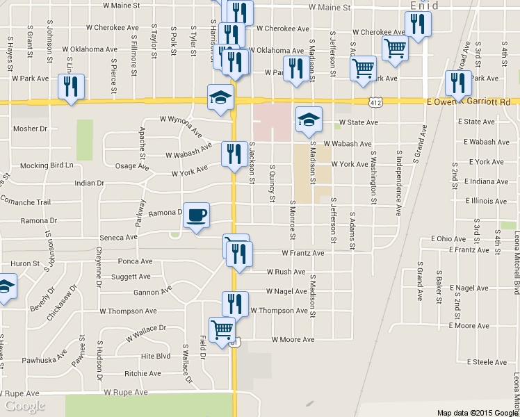 map of restaurants, bars, coffee shops, grocery stores, and more near 817 W Illinois Ave in Enid