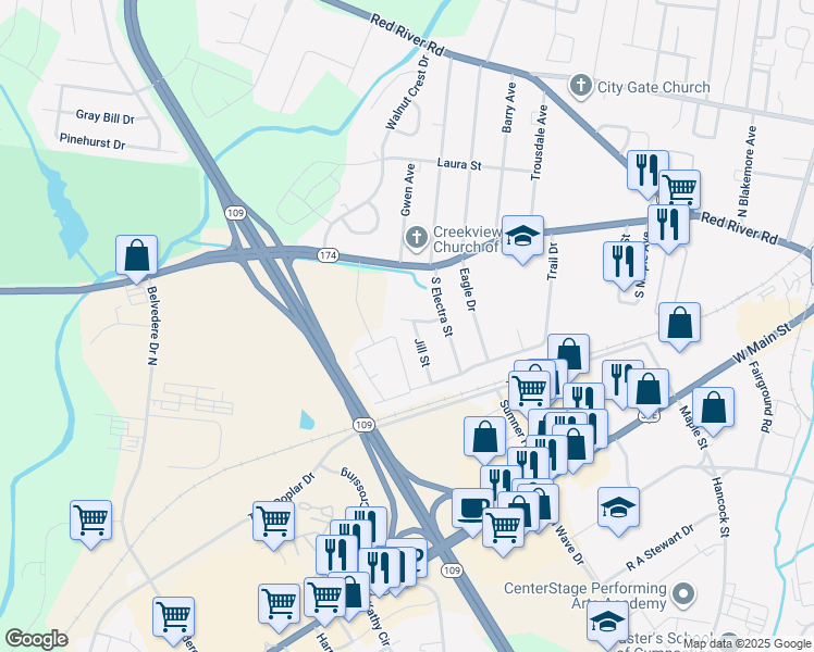 map of restaurants, bars, coffee shops, grocery stores, and more near 122 Jill Street in Gallatin