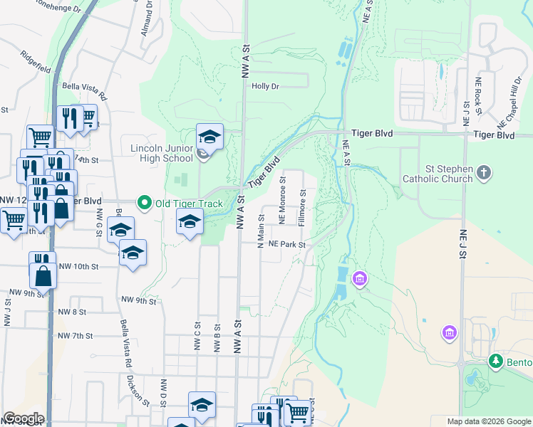 map of restaurants, bars, coffee shops, grocery stores, and more near 1055 North Main Street in Bentonville