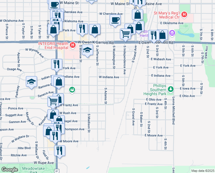 map of restaurants, bars, coffee shops, grocery stores, and more near 323 W Illinois Ave in Enid