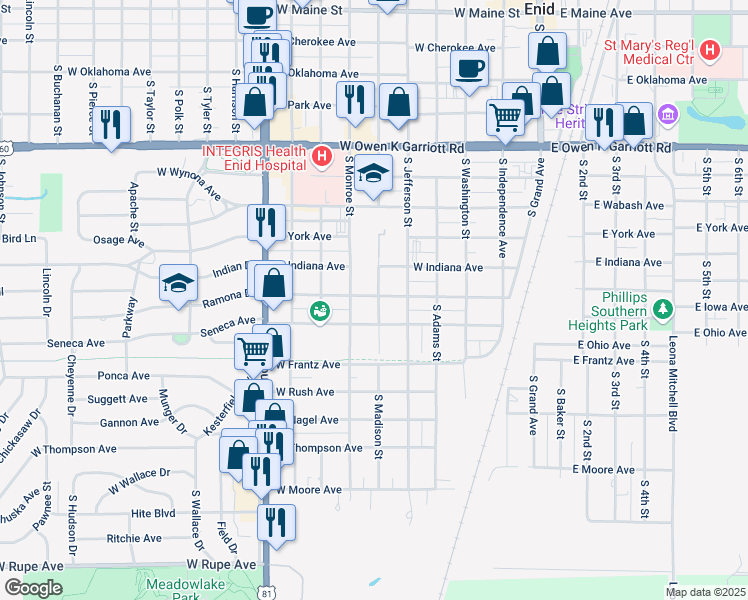 map of restaurants, bars, coffee shops, grocery stores, and more near 601 West Illinois Avenue in Enid