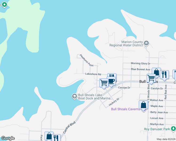 map of restaurants, bars, coffee shops, grocery stores, and more near 405 Oakridge Avenue in Bull Shoals