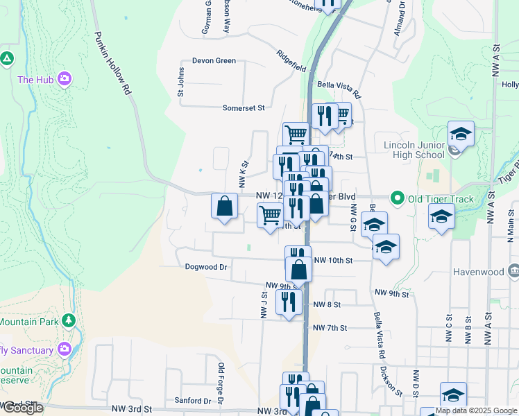 map of restaurants, bars, coffee shops, grocery stores, and more near 1011 Northwest 12th Street in Bentonville